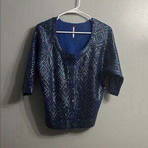FREE PEOPLE Iridescent Button Down Blue Sequin Cardigan Top Size XS